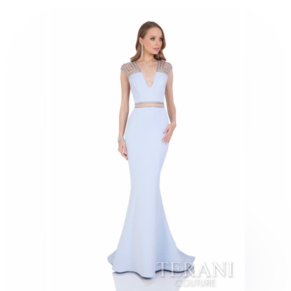 Terani Couture Gown NWT Plunging Baby Blue Prom Dress Beaded Back 1612P0570 - Picture 1 of 4